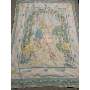 Vintage Peter Rabbit Baby Blanket Beatrix Potter Quilted Tied Nursery Throw Blue